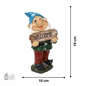 Gnome de jardin accueillant avec message de bienvenue