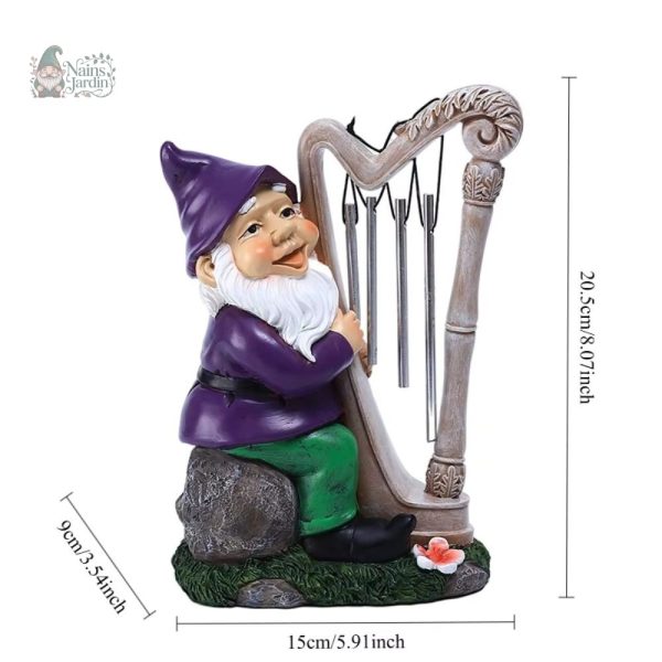 Figurine de jardin musicale, nain avec harpe en design contemporain