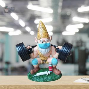 Nain de jardin moderne avec haltères en position de musculation